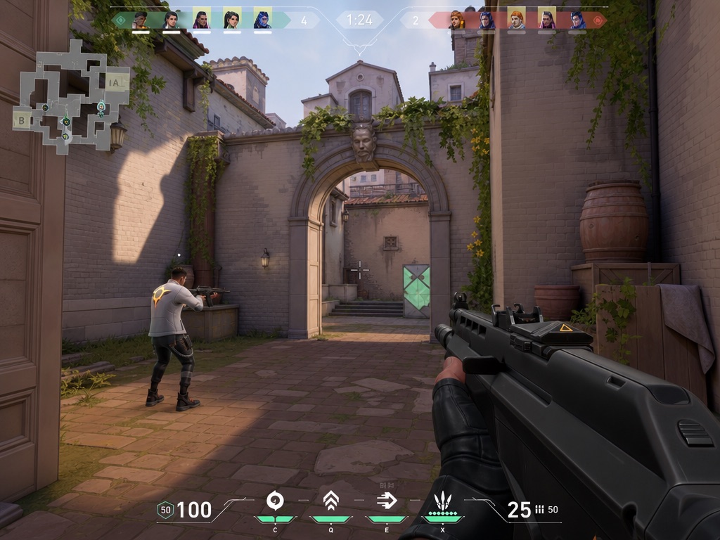First-person game scene with a visible crosshair